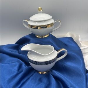 Ralph Lauren “Academy” White Porcelain Sugar and Creamer Set with Gold Trim.